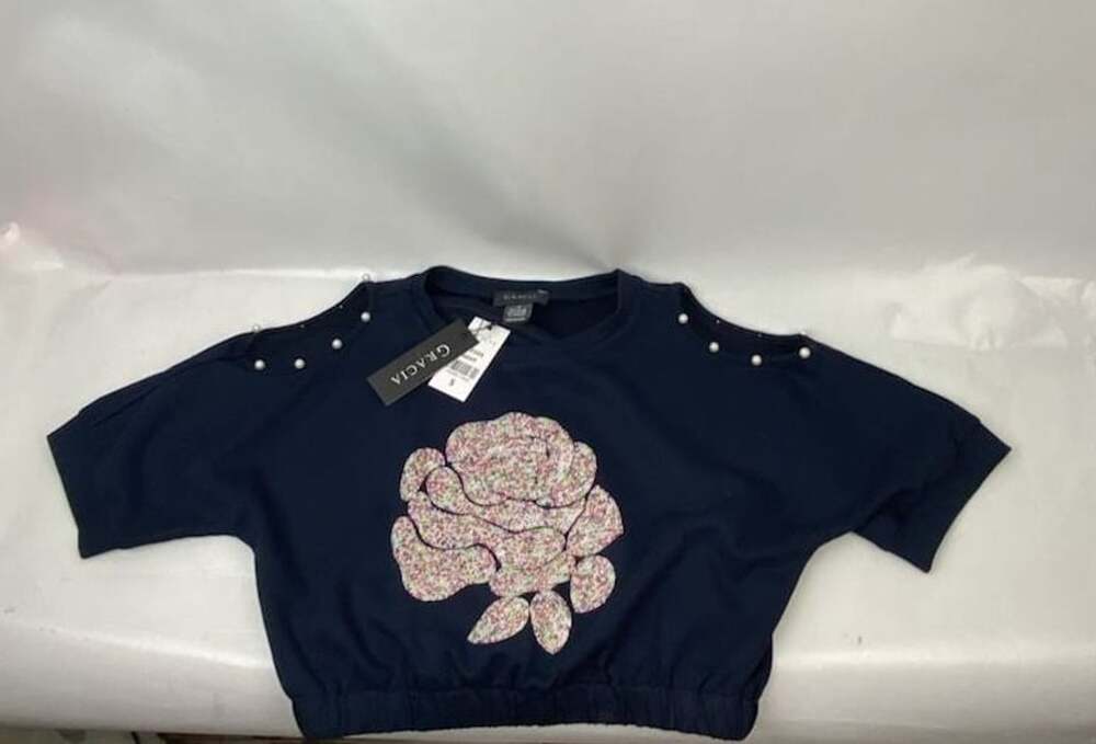 Gracia Navy Blue Floral Rose Sequiened Crop Top Short Sleeve